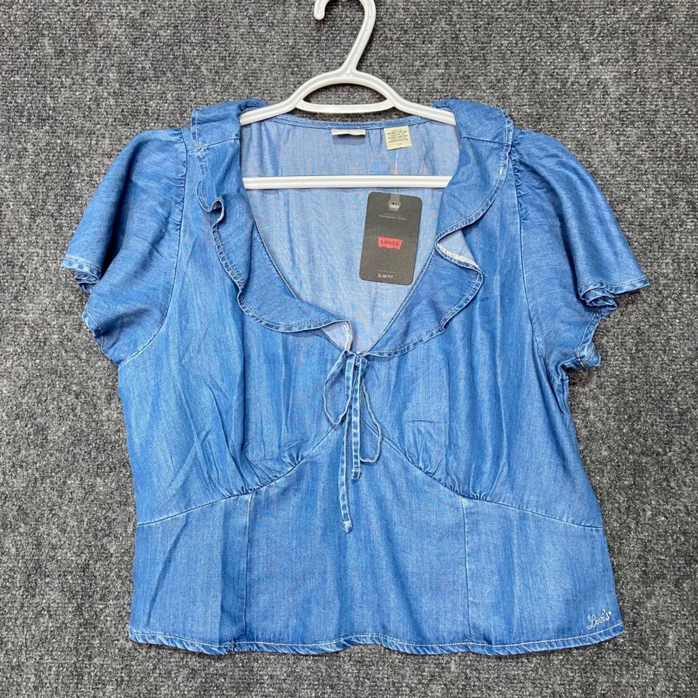 Levi's Ruffle Collar Denim Top Women's L Tie Front Short Sleeve Chambray‎ Blue